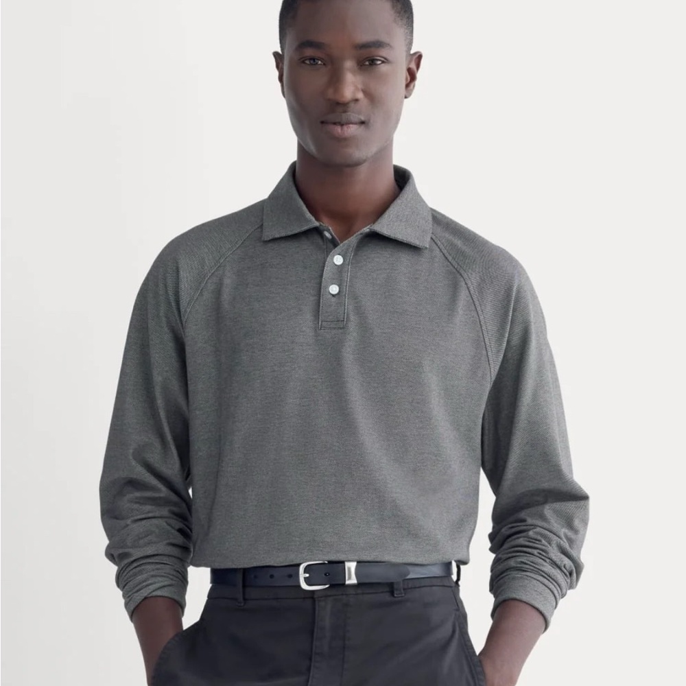 Everlane Startup Raglan Long Sleeve Polo Shirt Black Chambray